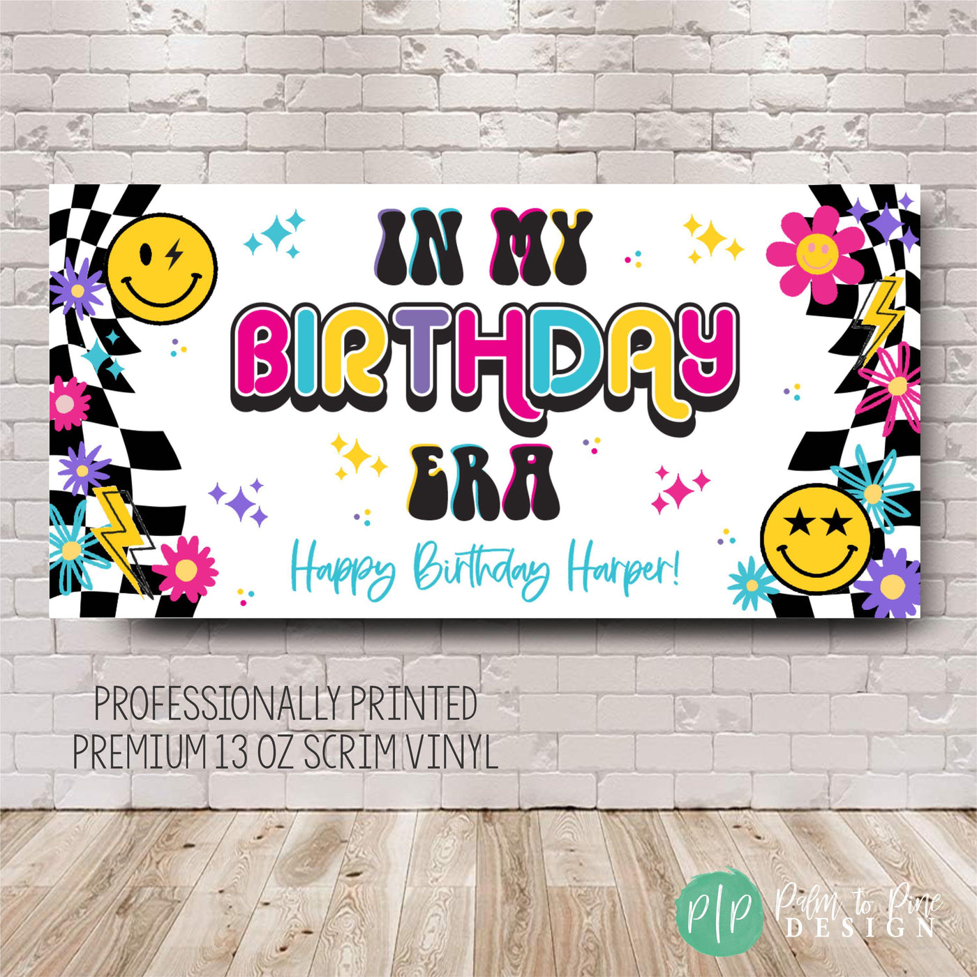 Retro Girls Personalized Birthday Banner, Custom Birthday Eras Decor, Tween Girls Smiley Birthday Backdrop, In My Birthday Era Girls Banner