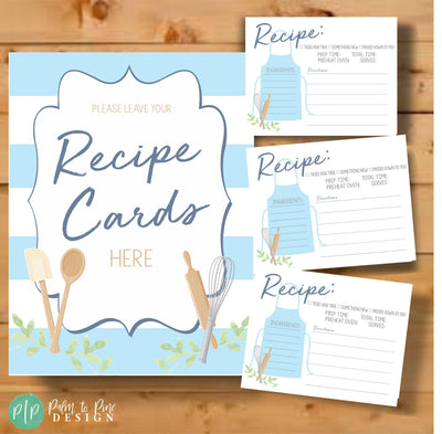 recipe card game for bridal shower with light blue apron and eucalyptus branches