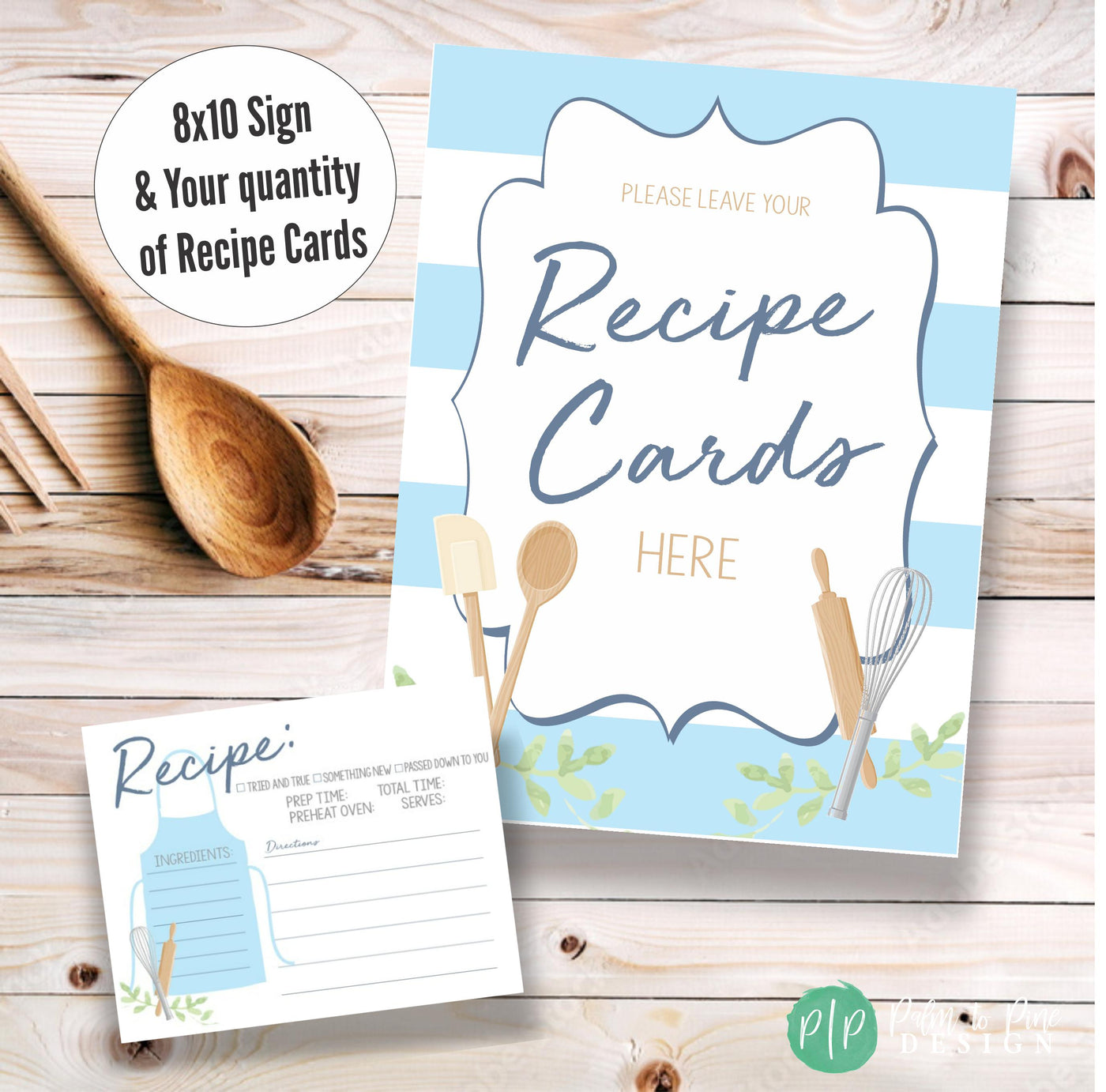 Wedding Recipe Cards for Bride with blue and navy stripes and wooden cooking spoon