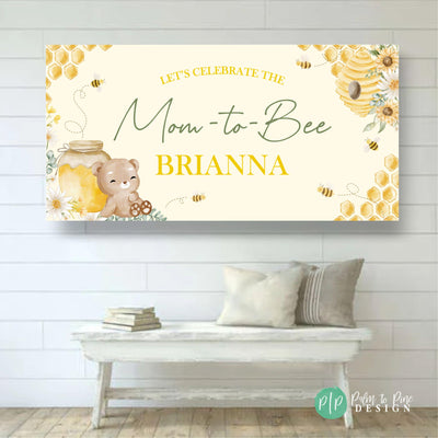 soft yellow baby shower banner with bees, honey, and a cute bear