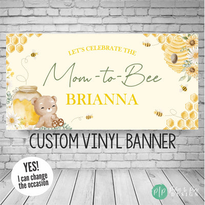 mom to bee baby shower banner with honey bees, buzzing bees, honeycomb and cute bear