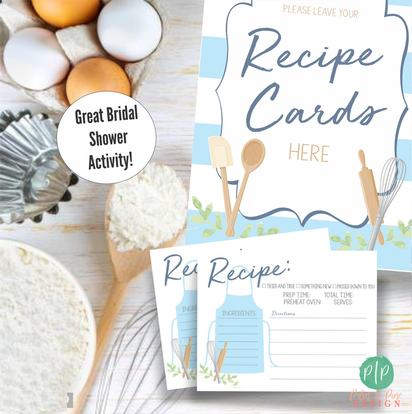 Whisked Away bridal shower recipe cards with baking utensils on a wooden background