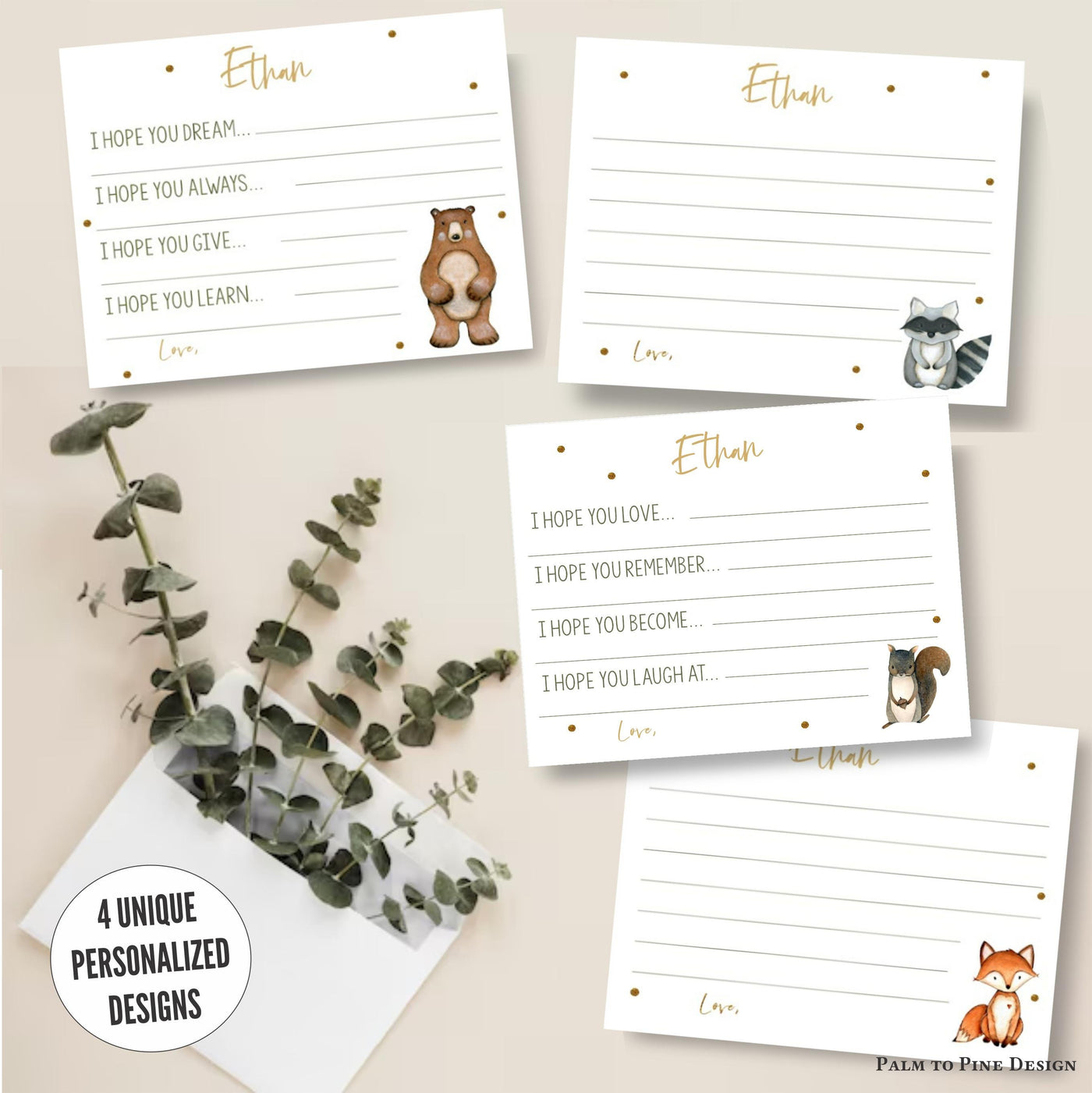 set of 4 time capsule cards for woodland themed party