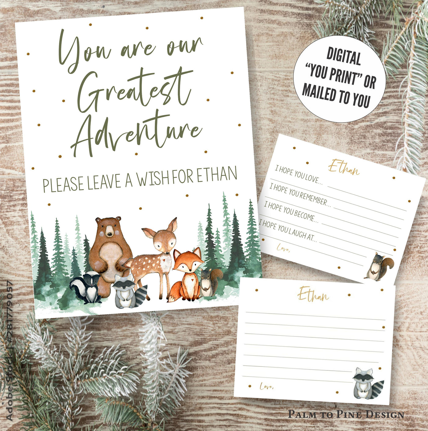 You are our greatest adventure wish cards and sign for baby shower or birthday party with woodland animals