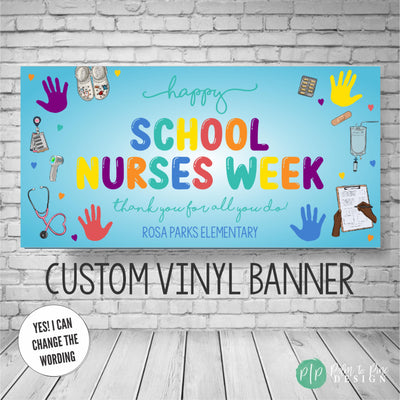 Happy School Nurse Week Appreciation Banner in rainbow colors with kids handprints and nursing clipart