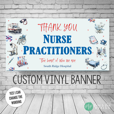 Blue, red and white banner with a heart and cross graphic, celebrating Medical Appreciation Week for Nurse Practitioners.