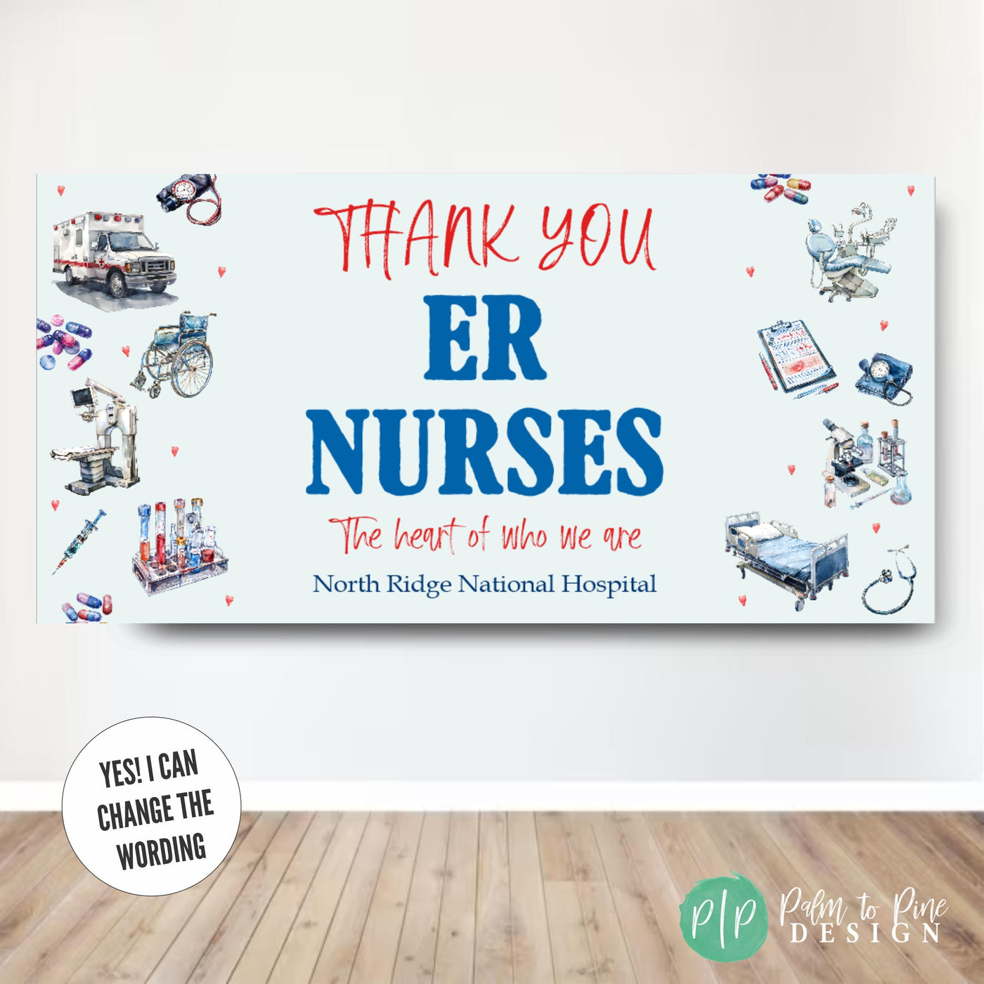 Elegant thank-you banner for doctors and ER nurses, decorated with medical motifs in neutral colors