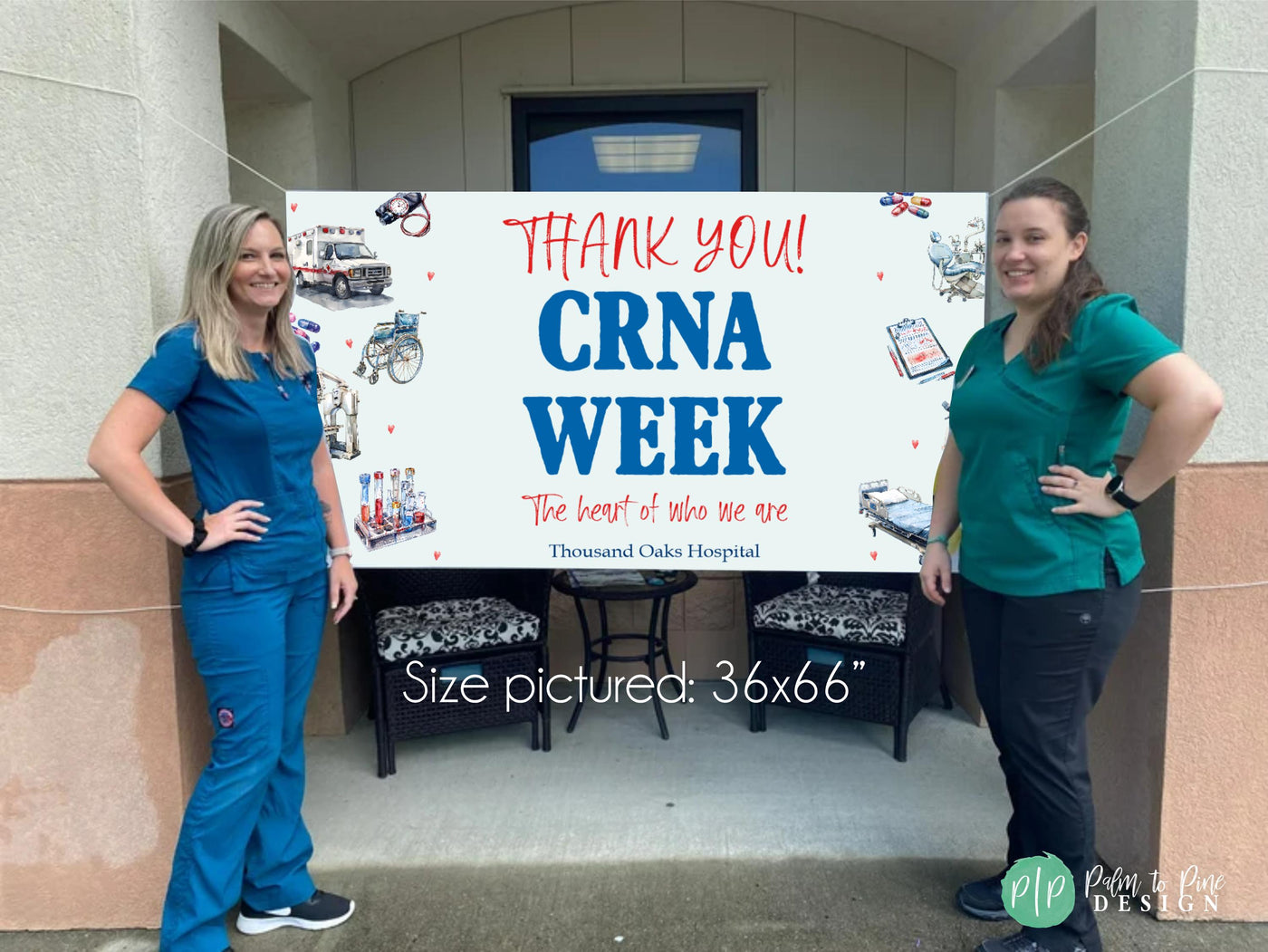 Customizable medical appreciation banner with images of scrubs, gloves, and medical tools hanging in front of medical office with nurses.