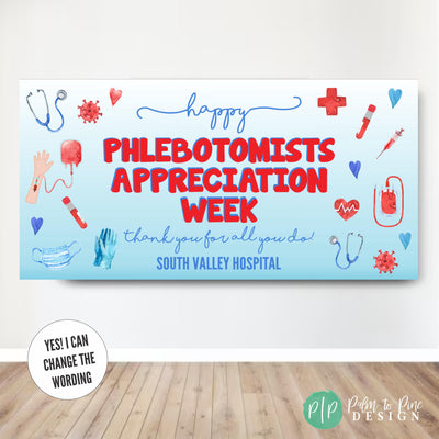 Phlebotomist appreciation banner with bold red accents, a syringe illustration, and the text &#39;We Appreciate Our Blood Specialists