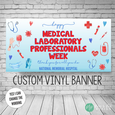 Custom medical laboratory professionals week appreciation banner in red and blue tones with blood related images.