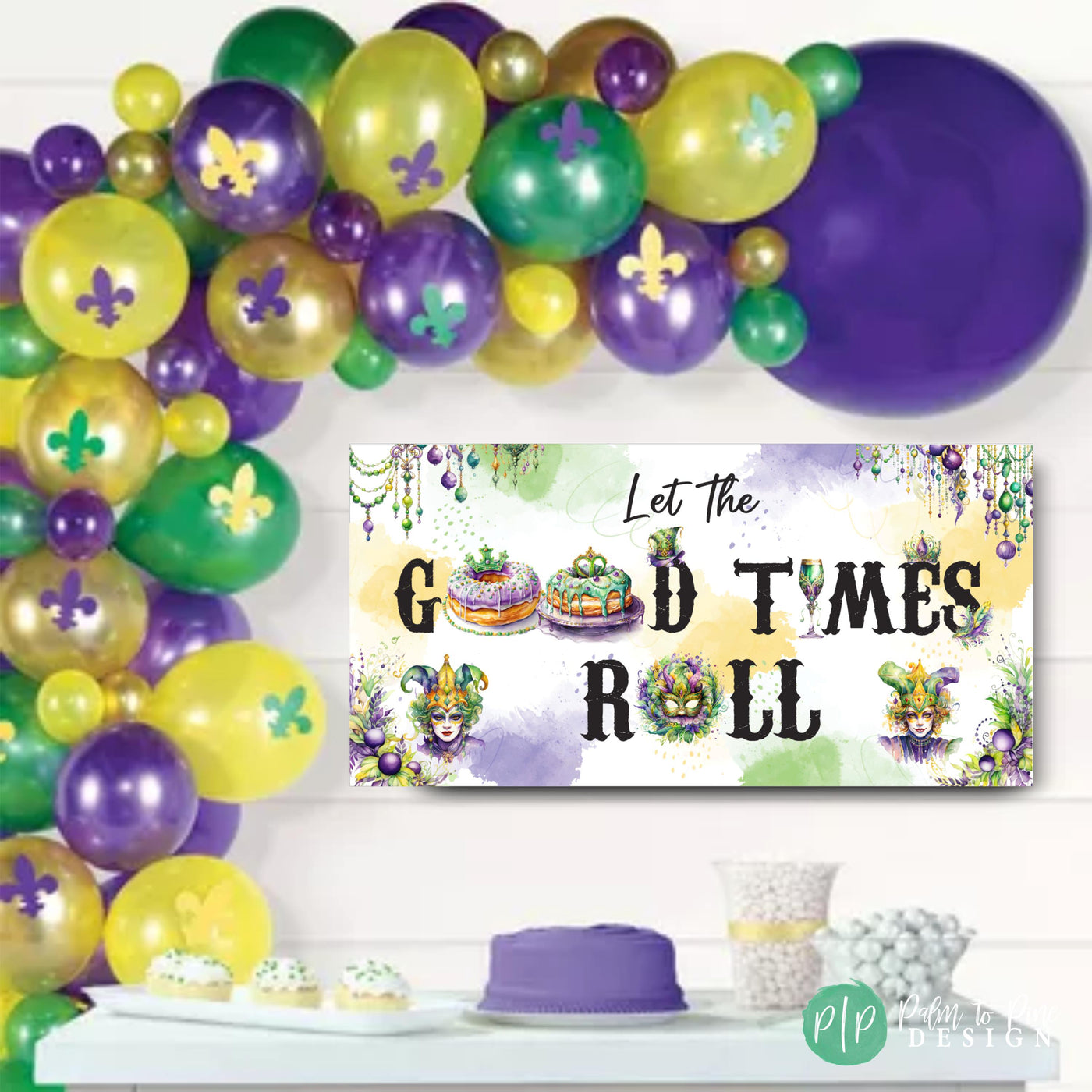 Purple, Gold and Green &#39;Let the Good Times Roll&#39; Mardi Gras banner with bold letters in traditional colors, featuring beads and festive Mardi Gras icons with a balloon garland.