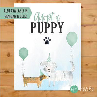 Adopt a puppy birthday party favors for kids party in seafoam green and light blue