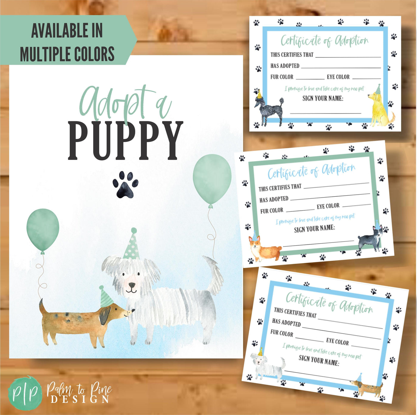 Adopt a Puppy Boys birthday party activity with certificate of adoption and dog clipart and pawprints in a blue and mint green color scheme for a puppy themed birthday party