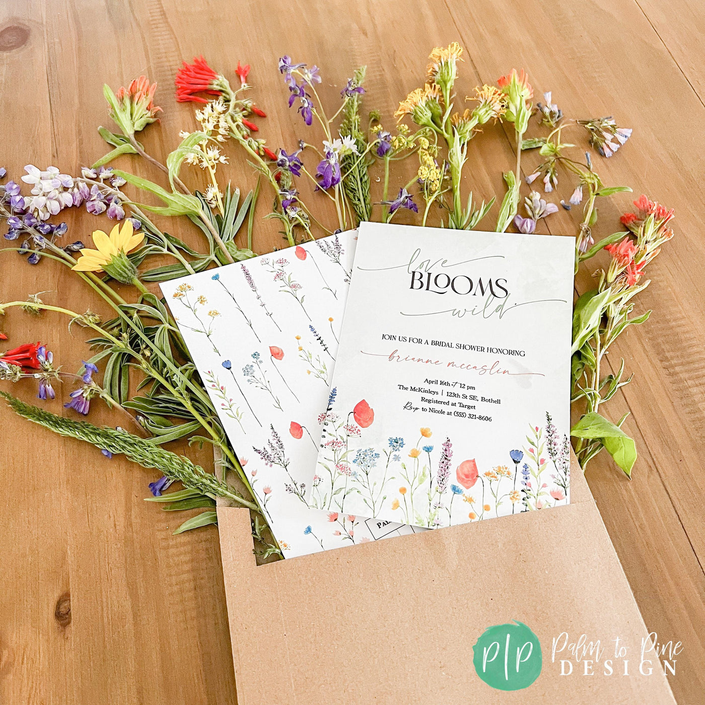 Custom wildflower bridal shower invitation with colorful floral bouquet