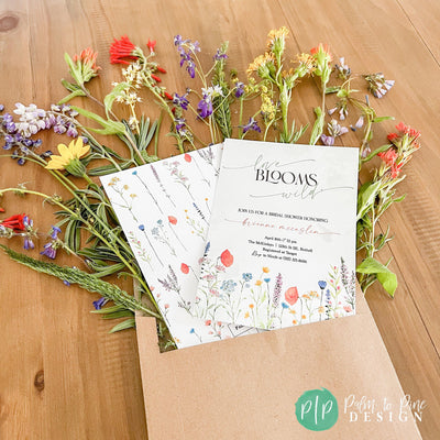 Custom wildflower bridal shower invitation with colorful floral bouquet