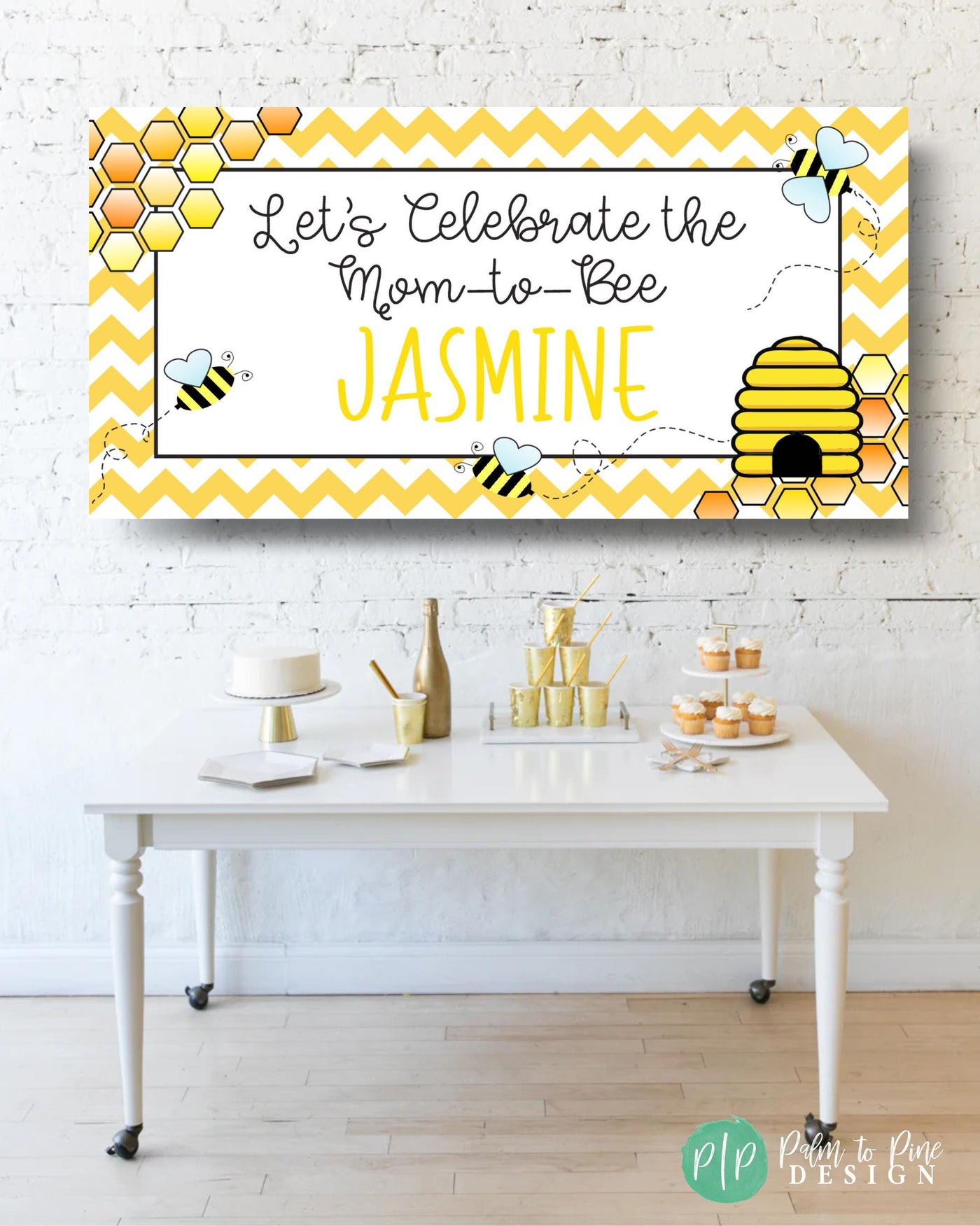 Yellow and black bee baby shower banner and drink table