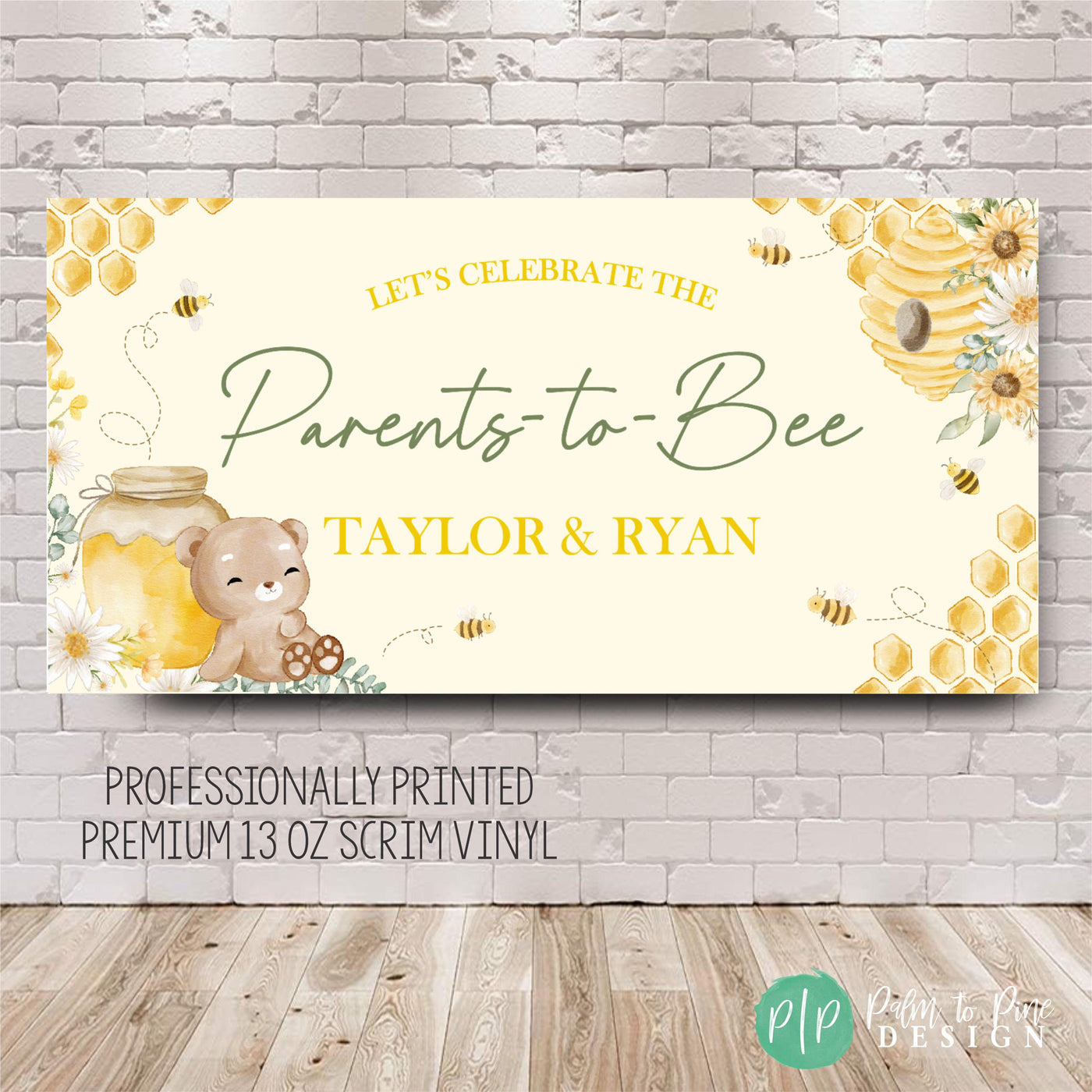 sweet as honey baby shower banner with bees, honey comb, hive and bear