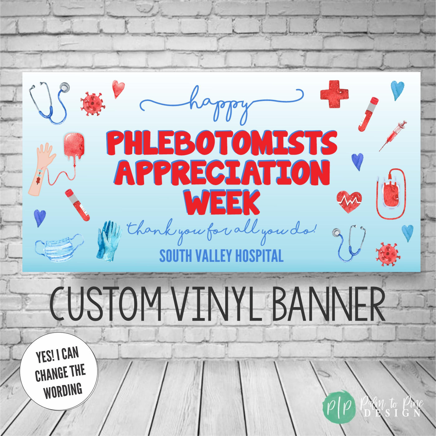 Red and blue medical appreciation banner for phlebotomists, featuring blood drop graphics and a &#39;Thank You for Your Dedication&#39; message.