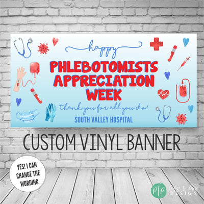 Red and blue medical appreciation banner for phlebotomists, featuring blood drop graphics and a &#39;Thank You for Your Dedication&#39; message.