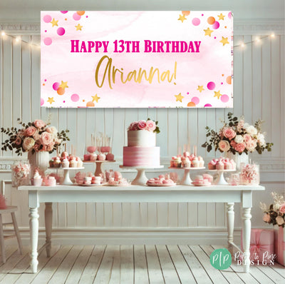 Happy Birthday banner with colorful pink and gold stars and polka dots, featuring personalized happy birthday writing in front of a pink dessert table