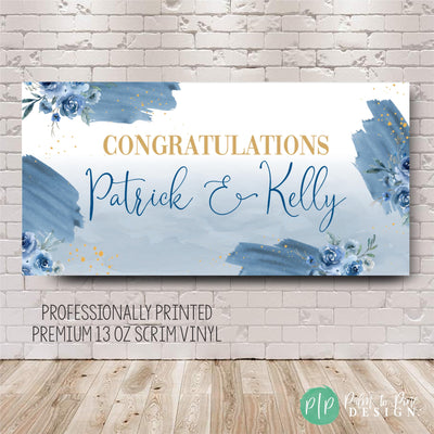 Dusty Blue Rose Congratulations Banner with name for wedding celebration or engagement party