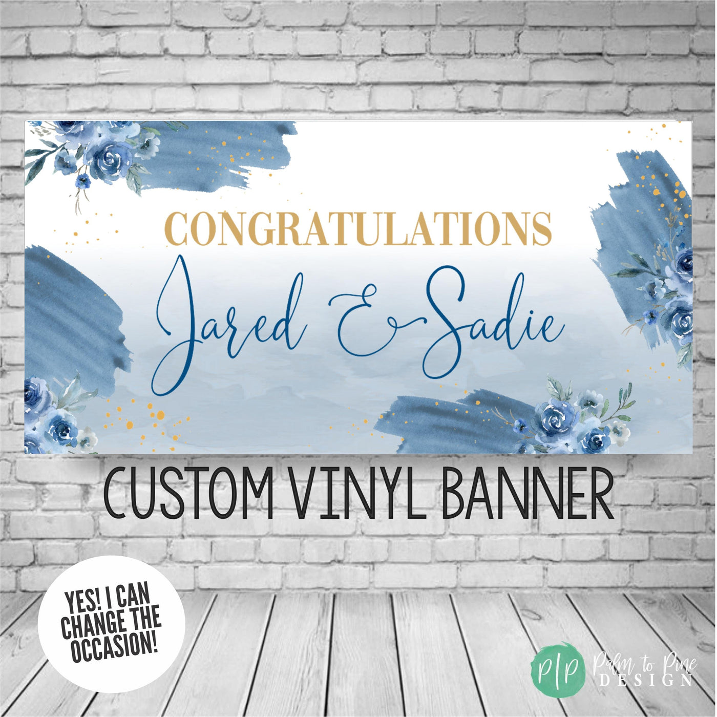 Elegant blue rose floral banner with soft blue and gold accents and congratulations with name wording for bridal shower