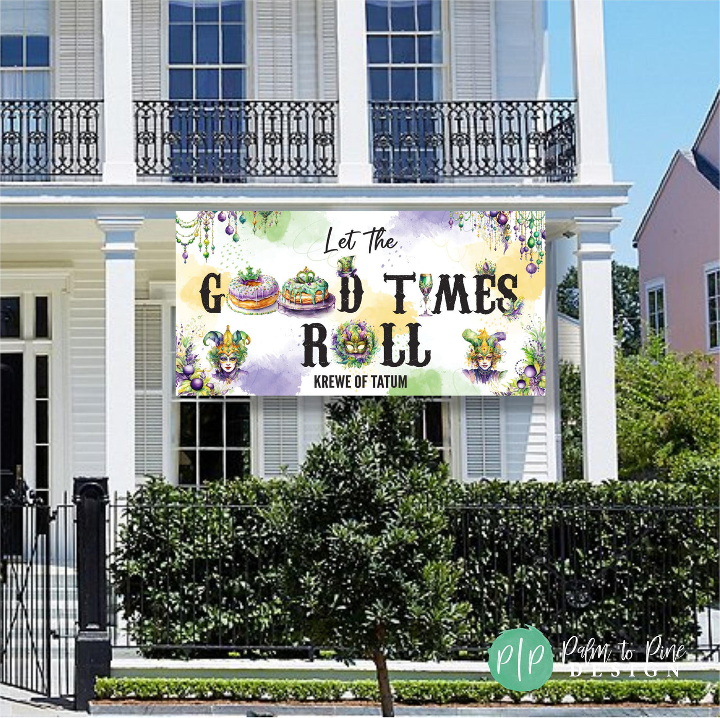 Mardi Gras banner reading &#39;Let the Good Times Roll&#39; in bold, colorful lettering with festive accents like masks, beads, and gold details.