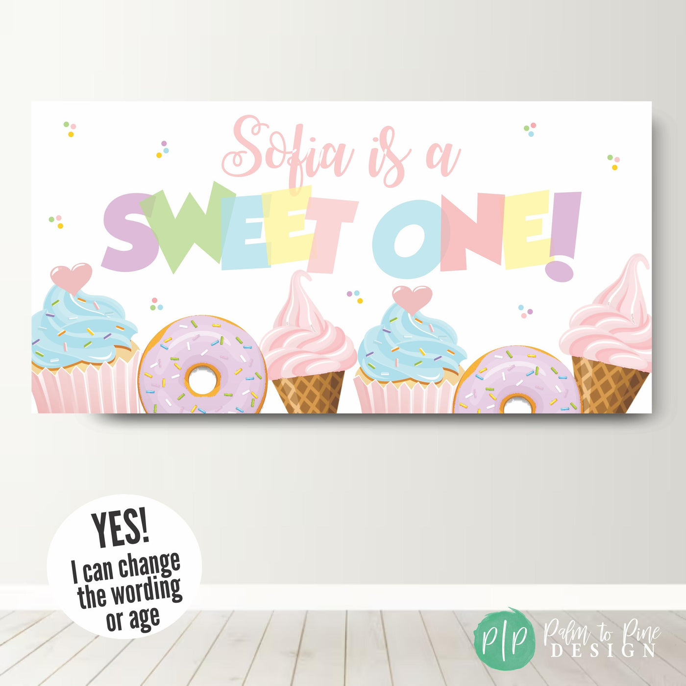 Pastel Rainbow Sweet One birthday banner with dessert clipart of donuts, ice cream cones, sprinkles and cupcakes hanging as party decor