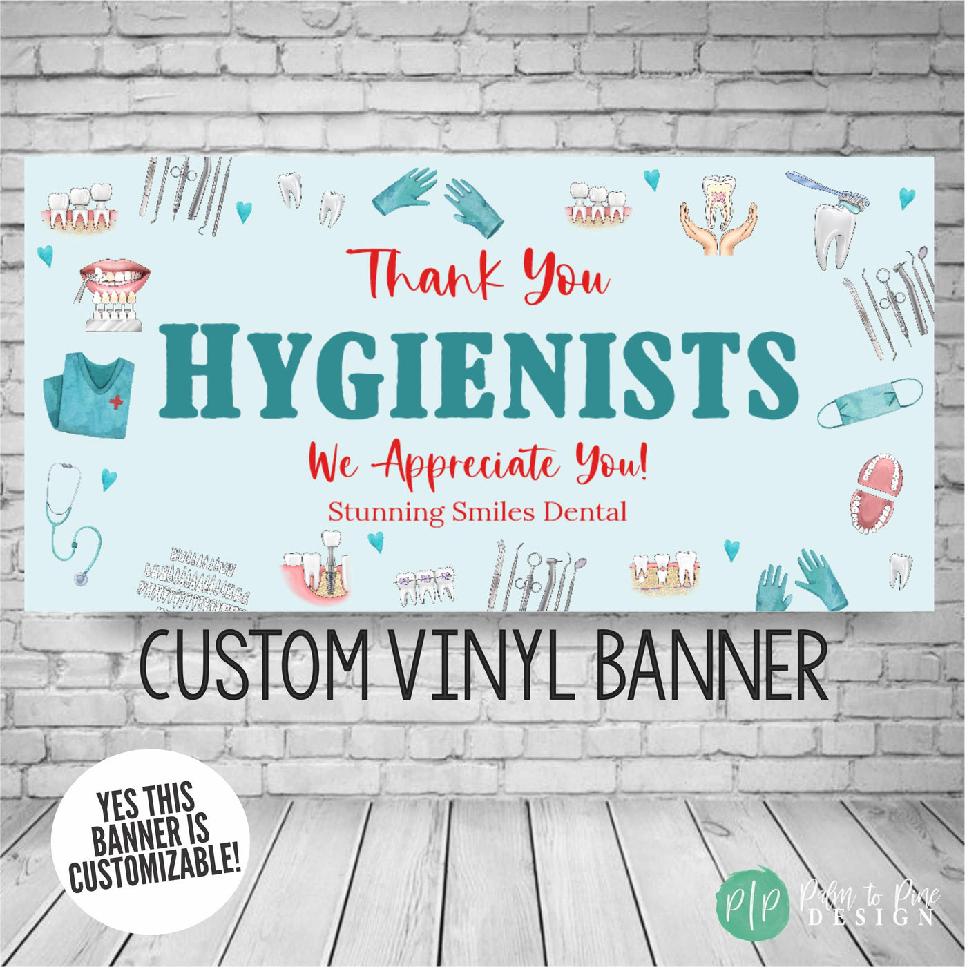 Thank you Hygienists Custom Dental Appreciation Backdrop on a blue backdrop with dental clipart