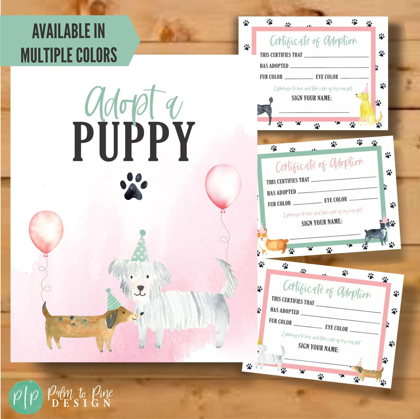 puppy adoption station birthday certificate of adoption and sign with cute watercolor dogs in party hats and pawprint design with fill in the blank adoption cards for girls