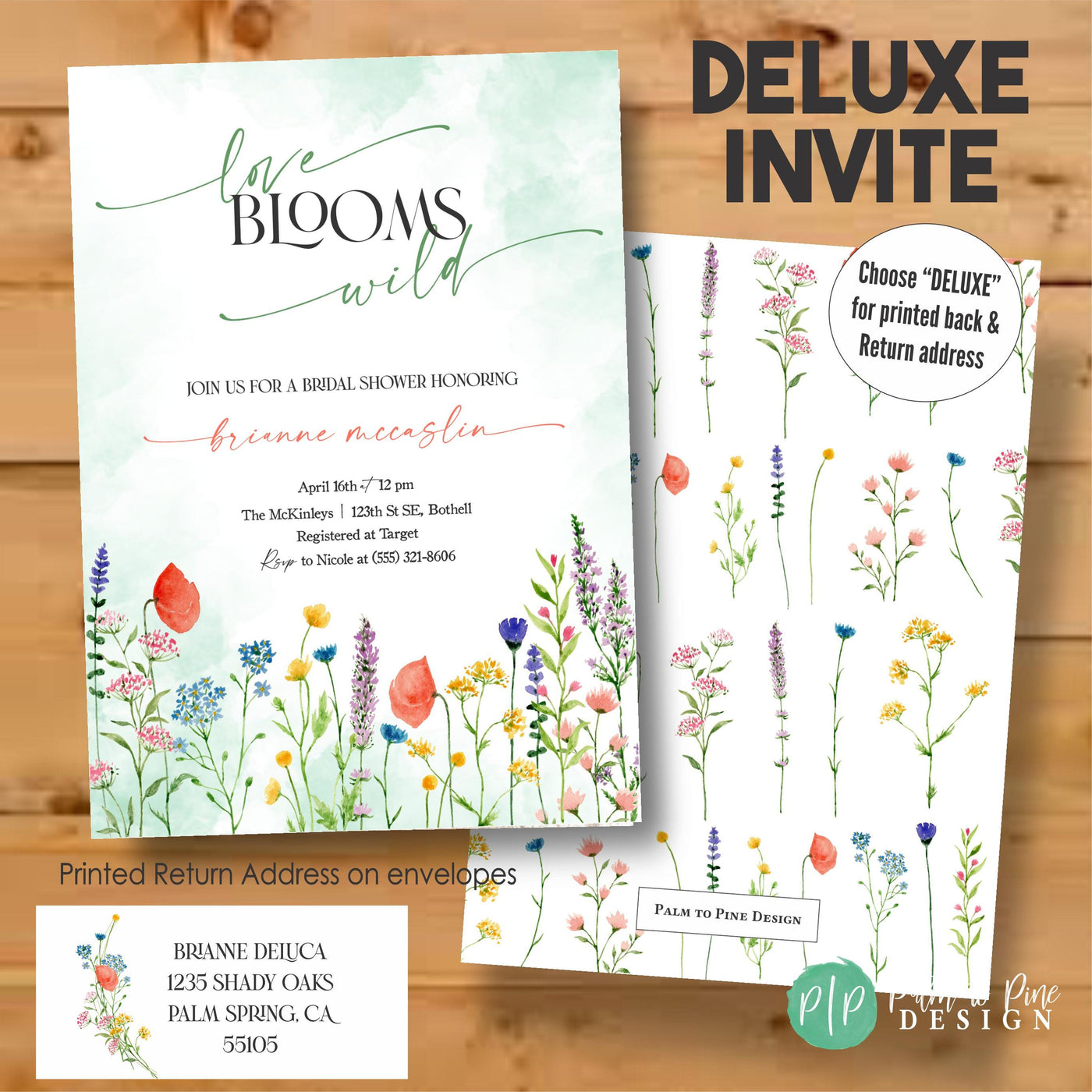 Wildflower bridal shower invitation with modern design including front and back printing and return address on envelope