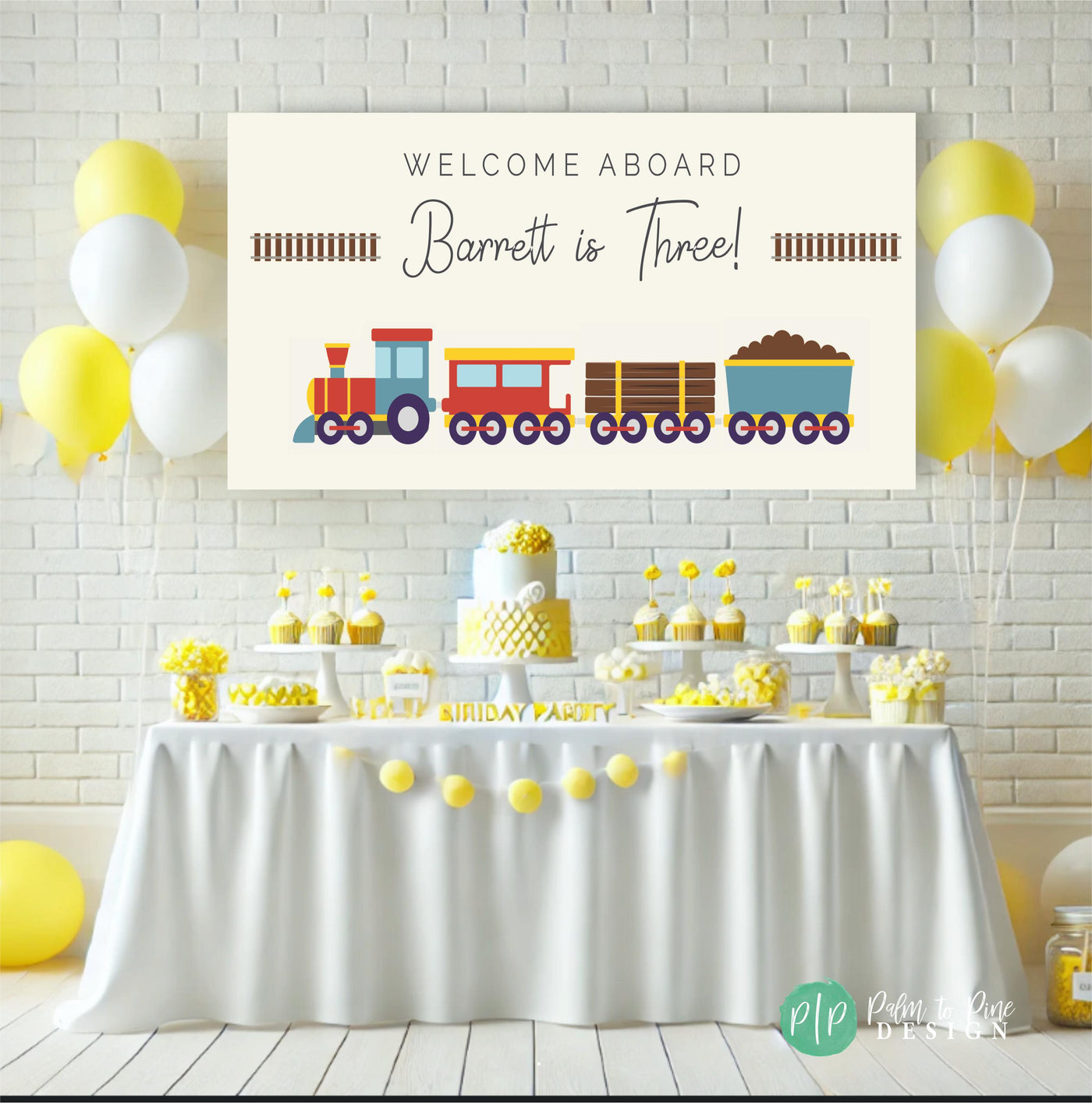 Train birthday banner with a light tan background and a modern design, featuring bold red, yellow, and blue train clipart alongside clean railroad track details with a yellow and white dessert table