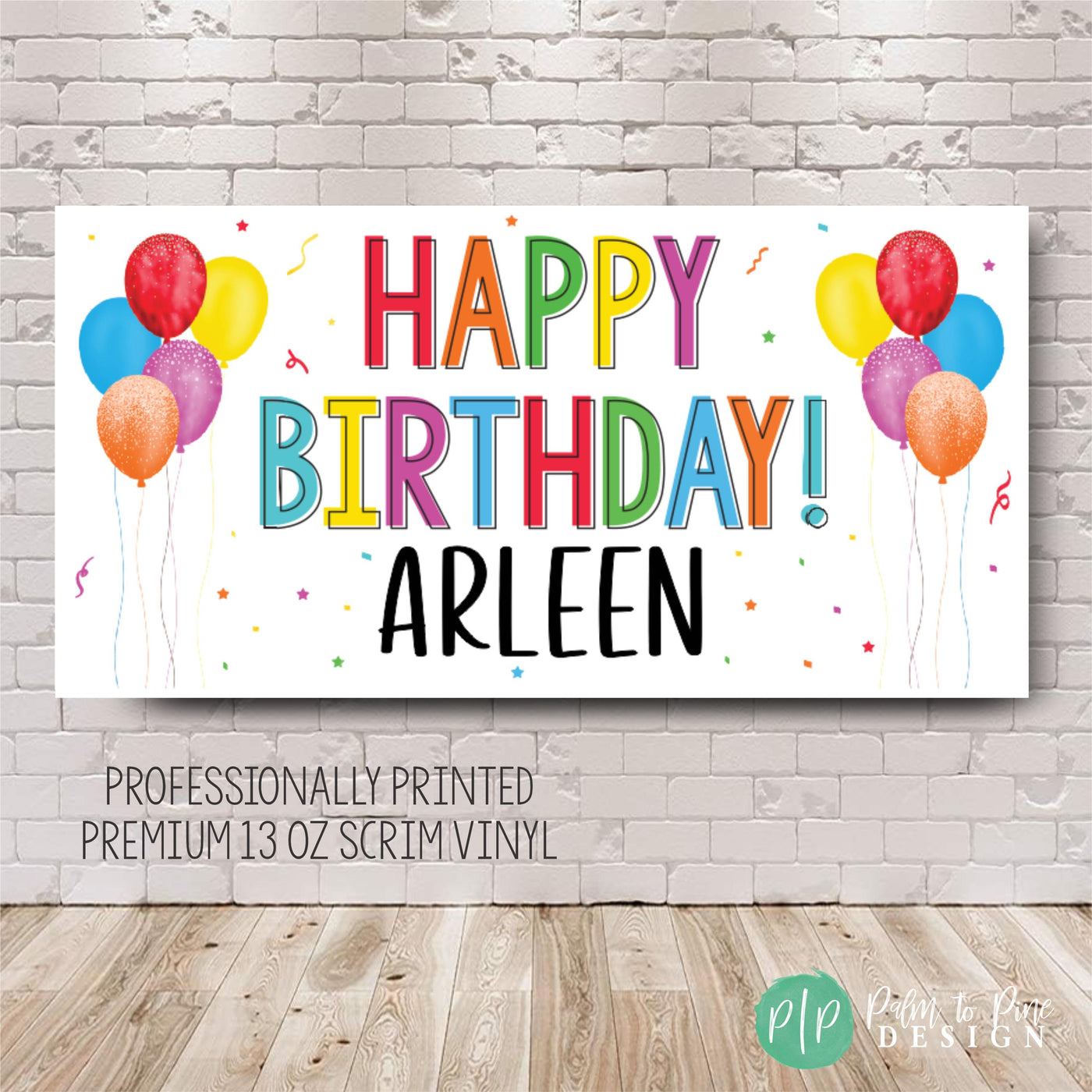 personalized happy birthday banner with colorful rainbow text on a white background, customized with any name for kids or adults birthdays