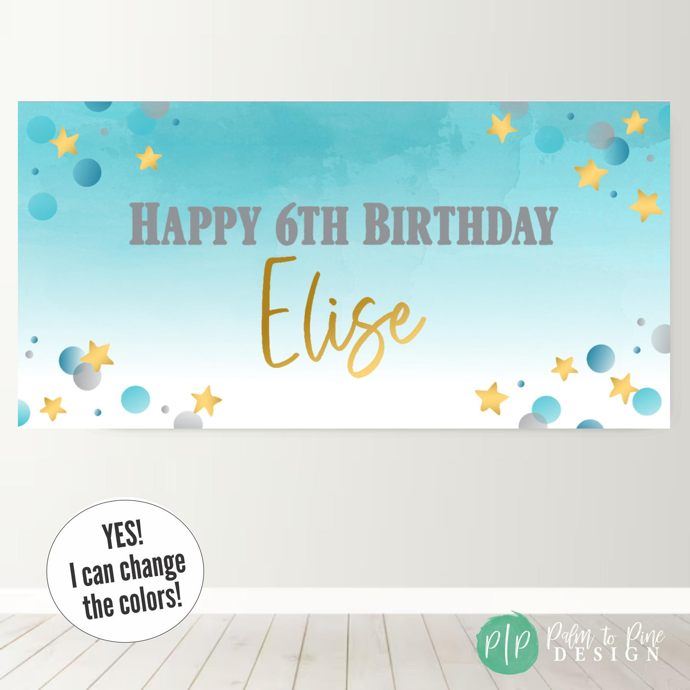 Modern turquoise watercolor birthday banner for girls with stars and polka dots