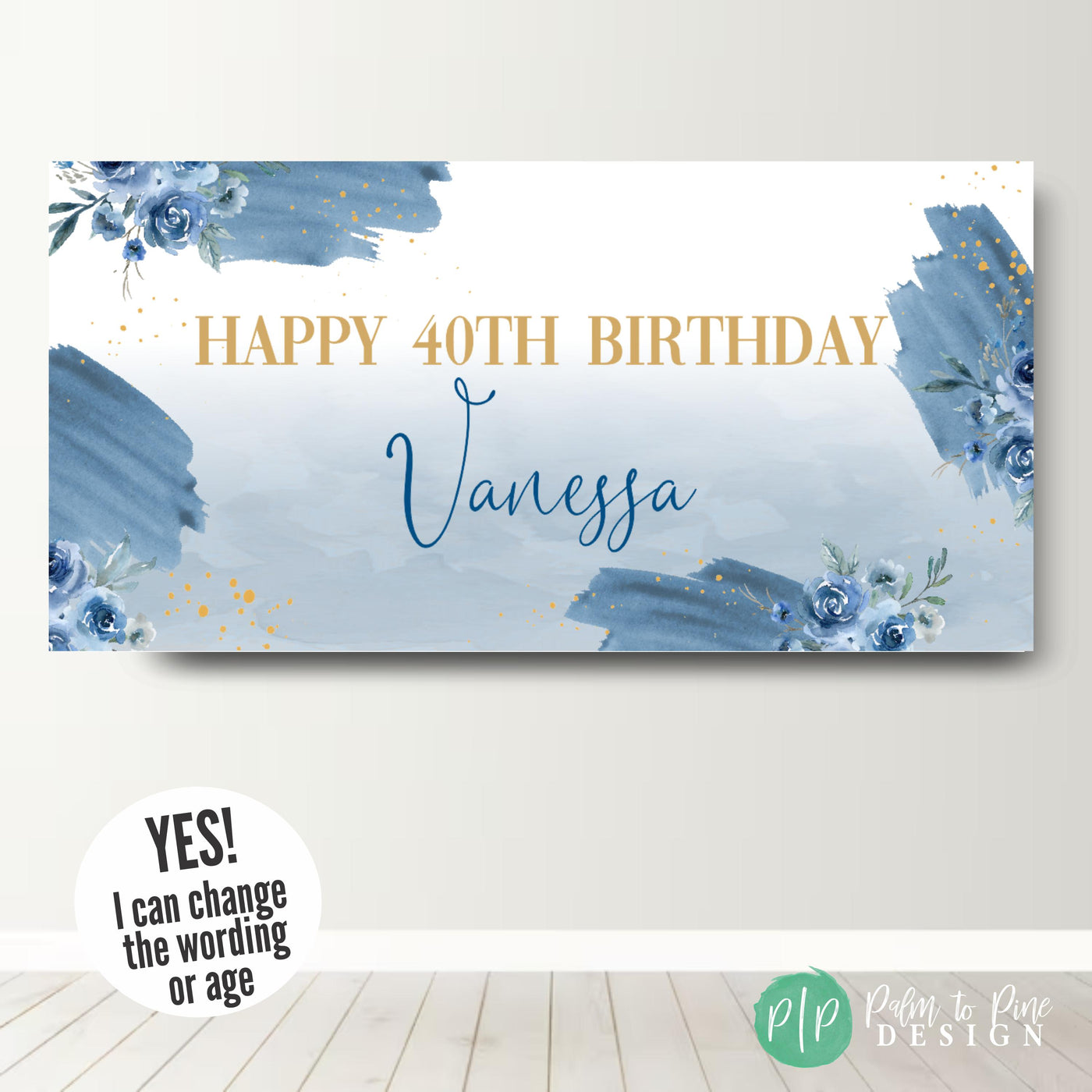 Blue and white floral party banner featuring delicate watercolor roses and gold details for a sophisticated event backdrop for an adult birthday