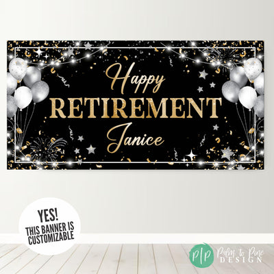 black and gold custom retirement banner with silver and gold confetti, stars and balloons on a black background