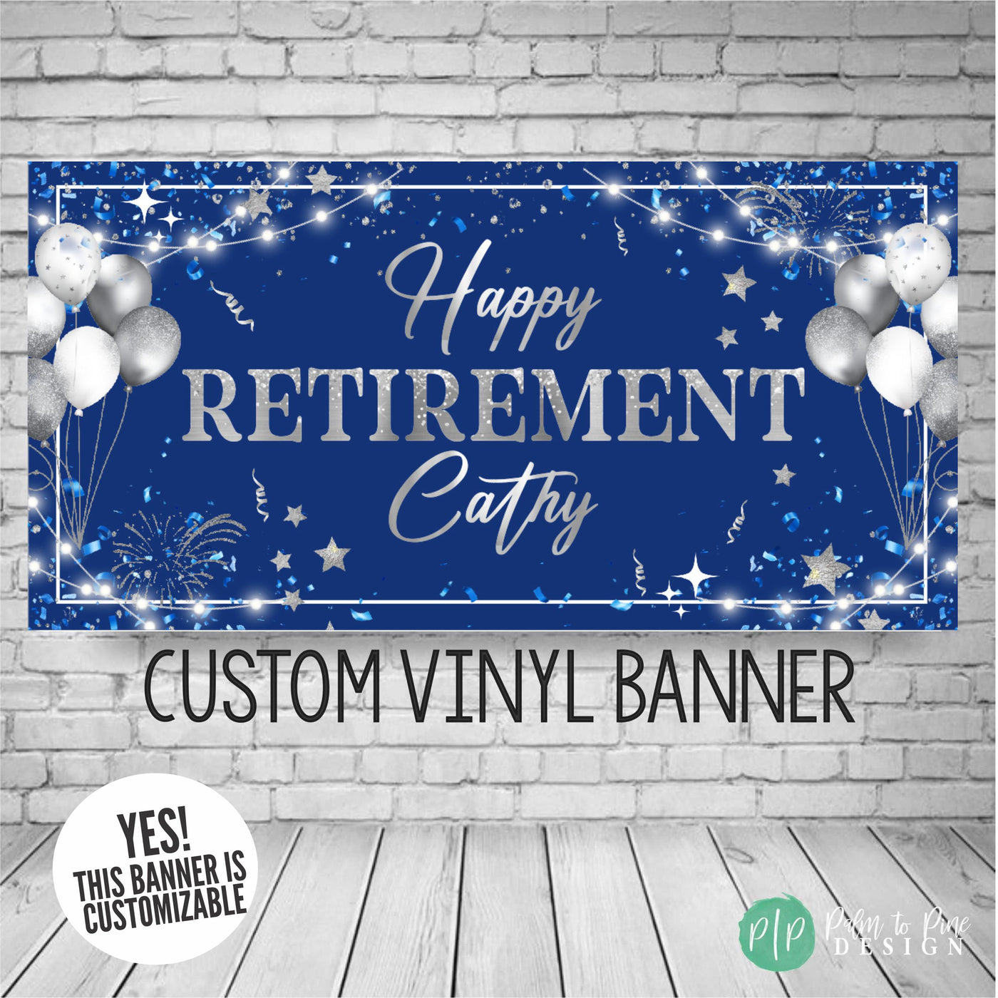 blue and silver retirement banner with balloons, stars and confetti